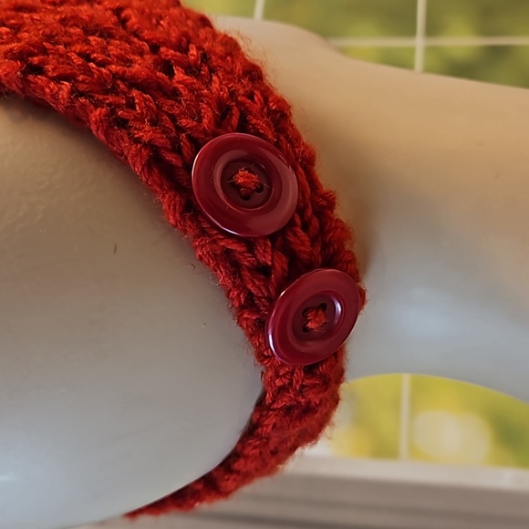 Red sequin bow detail on red knit headband wrap button detail festive holiday - Picture 4 of 7